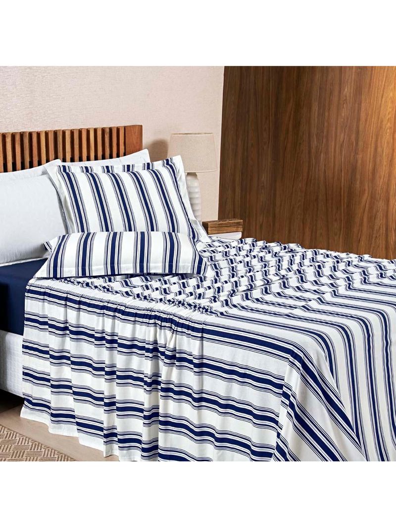 Jogo cama lençol daily solteiro malha algodão listrado 3 peças - azul marinho