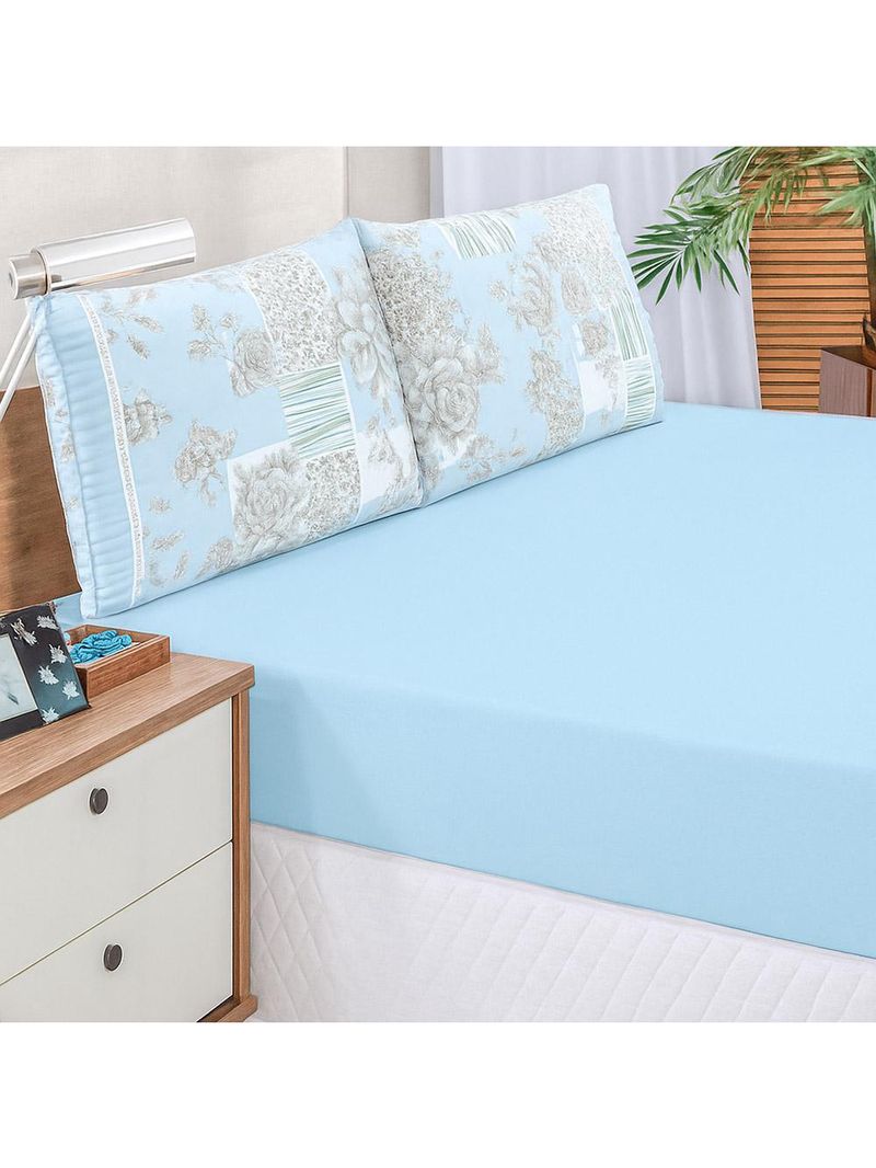 Jogo cama lençol fiore king estampado 180 fios 100% algodão com babadinho 3 peças azul floral