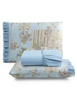 Jogo cama lençol fiore king estampado 180 fios 100% algodão com babadinho 3 peças azul floral