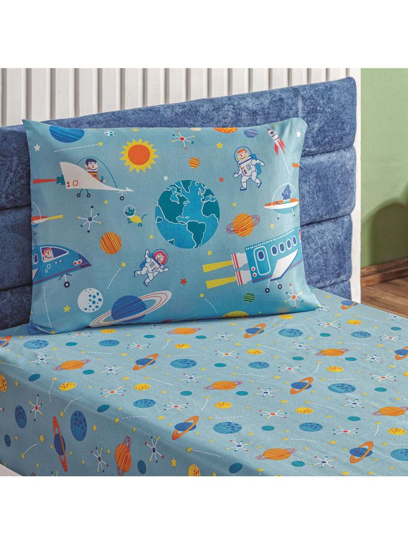 Jogo cama lençol fantasy solteiro infantil microfibra 2 peças - astronauta - azul