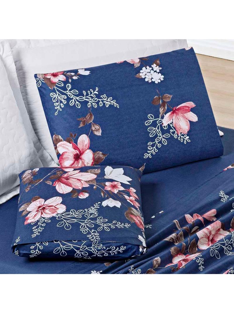 Jogo cama lençol celi solteiro micropercal 200 fios 3 peças - azul marinho floral