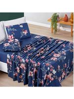 Jogo cama lençol celi solteiro micropercal 200 fios 3 peças - azul marinho floral