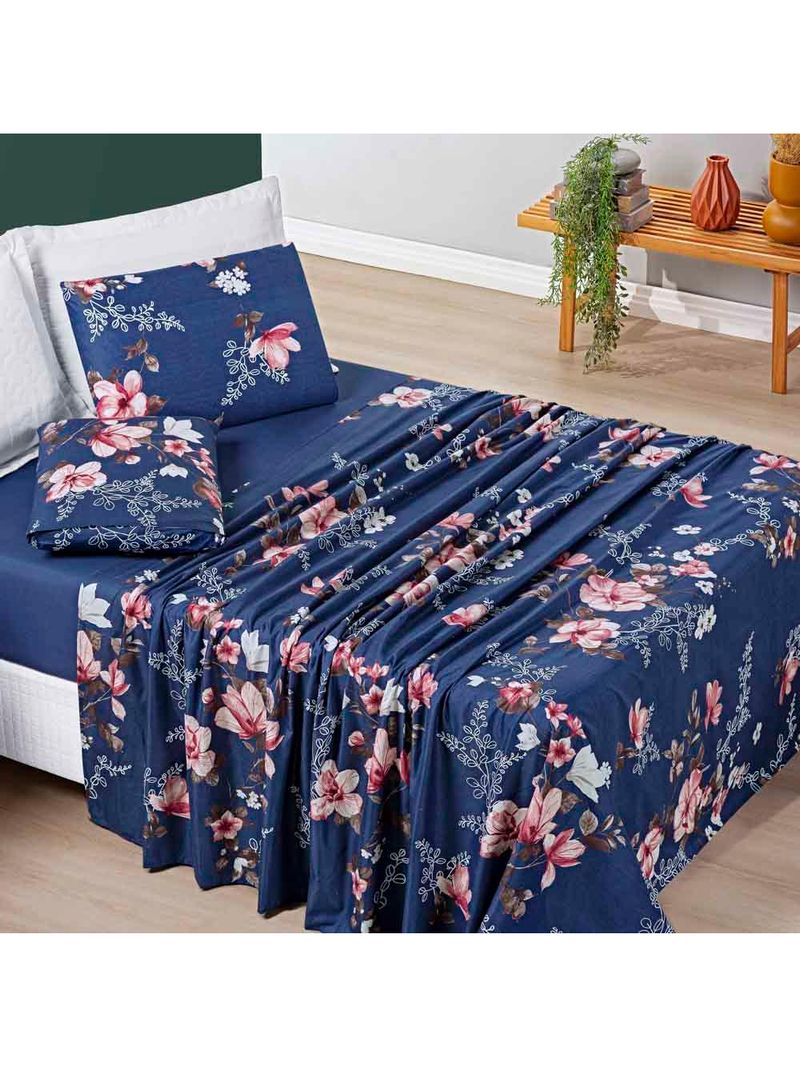 Jogo cama lençol celi solteiro micropercal 200 fios 3 peças - azul marinho floral