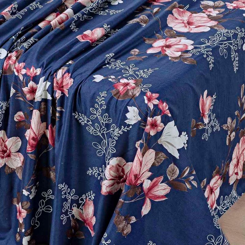 Jogo cama lençol celi solteiro micropercal 200 fios 3 peças - azul marinho floral