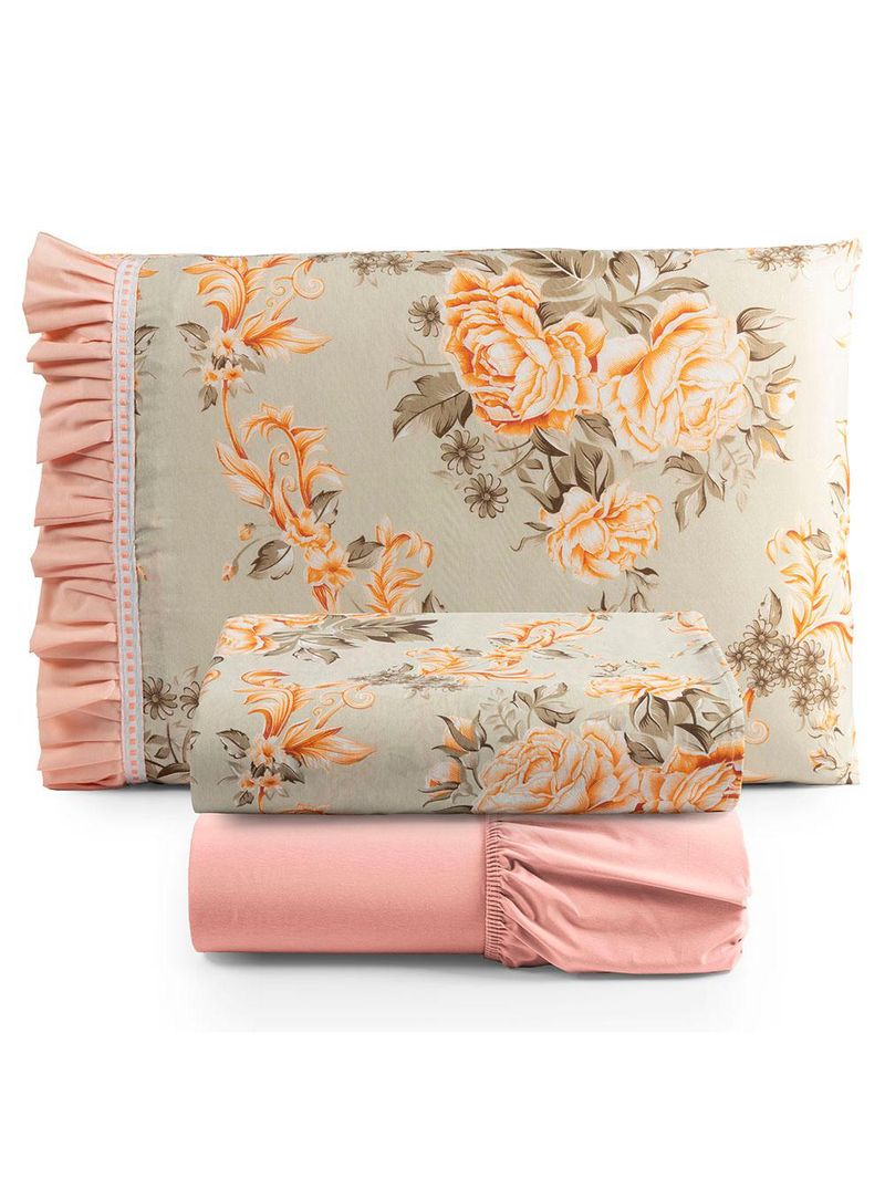 Jogo cama lençol fiore solteiro estampado 180 fios 100% algodão com babadinho 3 peças salmão floral