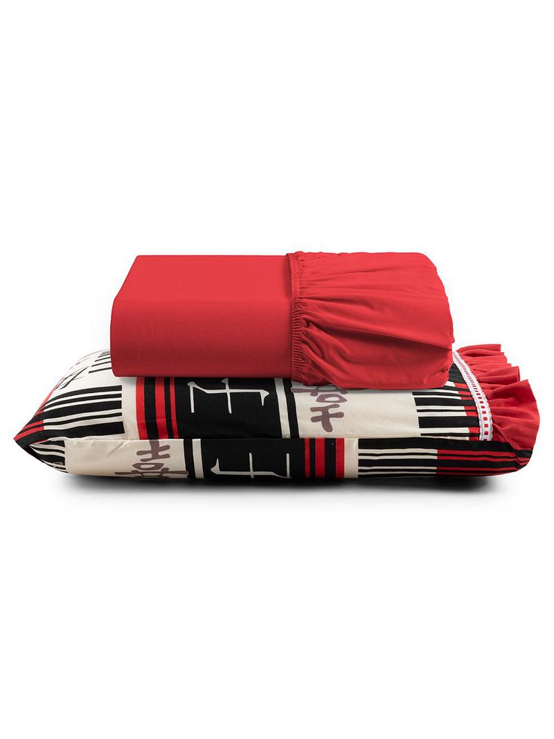 Jogo cama lençol fiore solteiro estampado 180 fios 100% algodão com babadinho 2 peças vermelho oriental japonês