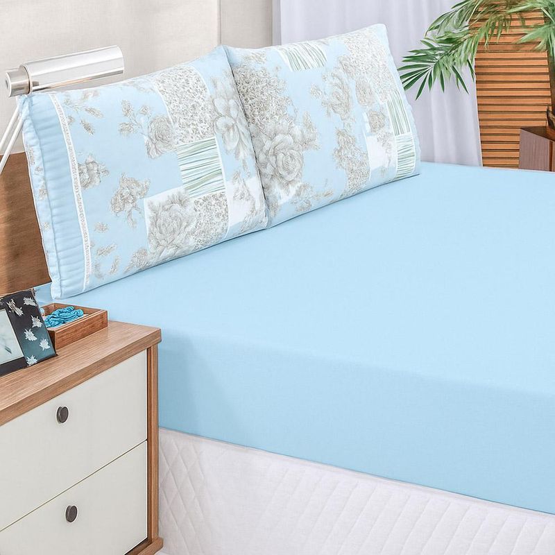 Jogo cama lençol fiore queen estampado 180 fios 100% algodão com babadinho 3 peças azul floral