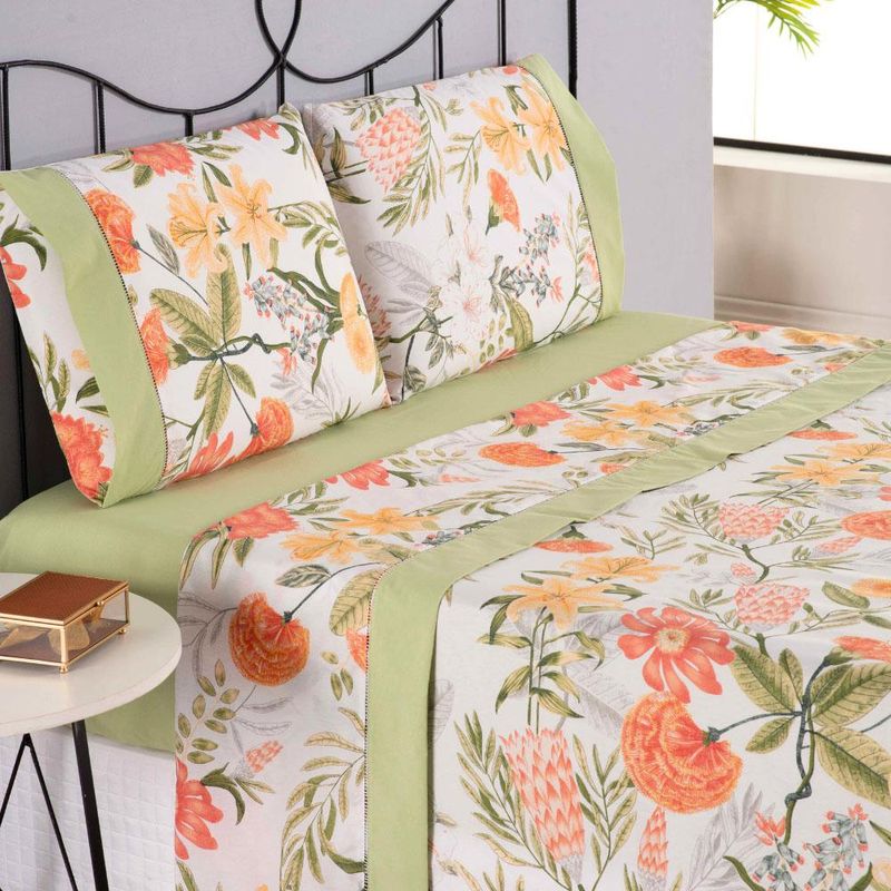 Jogo cama lençol encanto king estampado percal 180 fios c/ ponto palito 4 peças - floral - verde