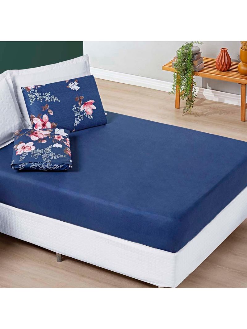 Jogo cama lençol celi solteiro micropercal 200 fios 2 peças - azul marinho floral