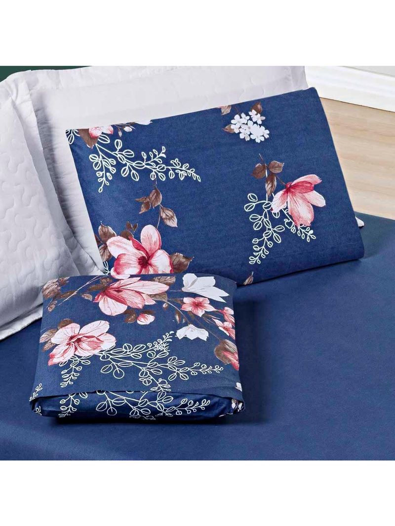 Jogo cama lençol celi solteiro micropercal 200 fios 2 peças - azul marinho floral
