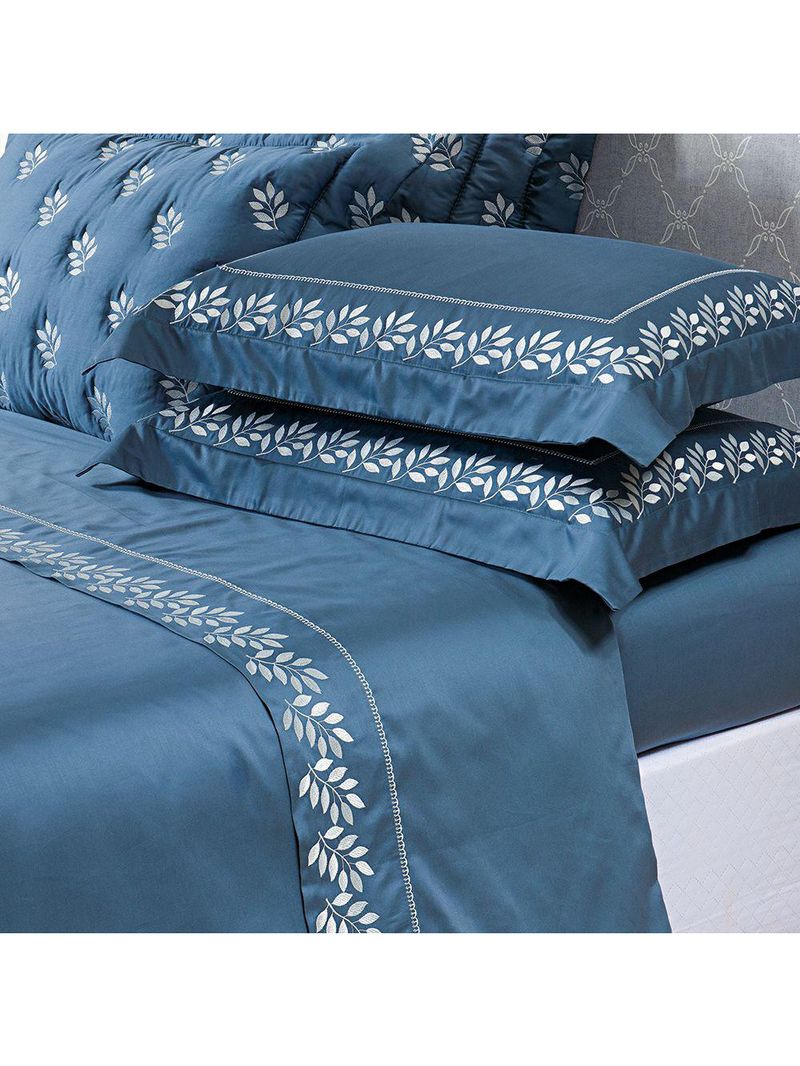 Jogo cama lençol garland casal bordado 100% algodão acetinado 400 fios 4 peças - azul marinho