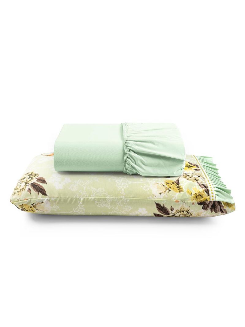 Jogo cama lençol fiore solteiro estampado 180 fios 100% algodão com babadinho 2 peças verde floral