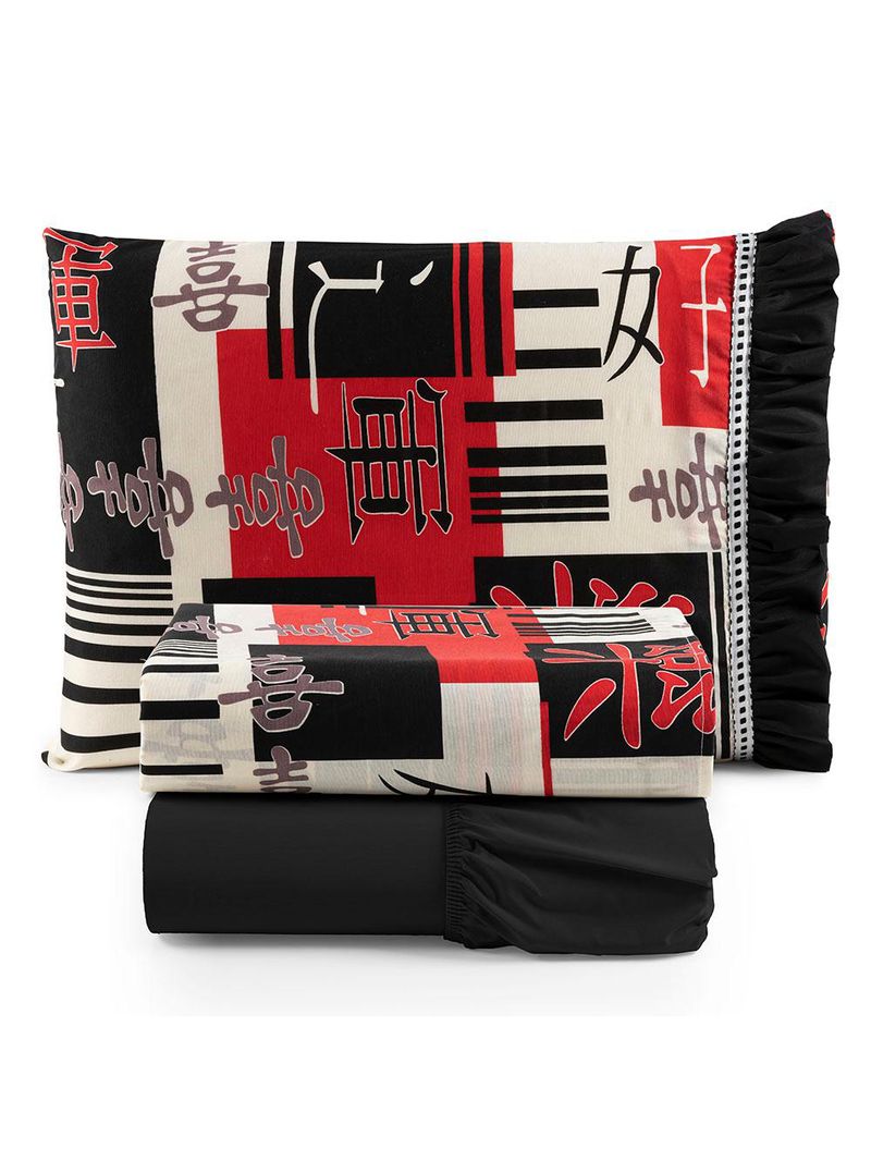 Jogo cama lençol fiore solteiro estampado 180 fios 100% algodão com babadinho 3 peças preto oriental japonês