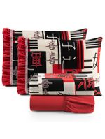 Jogo cama lençol fiore queen estampado 180 fios 100% algodão com babadinho 4 peças vermelho oriental japonês