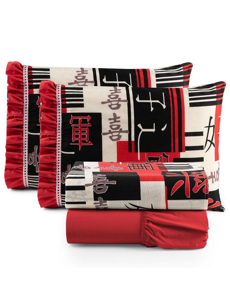Jogo cama lençol fiore queen estampado 180 fios 100% algodão com babadinho 4 peças vermelho oriental japonês