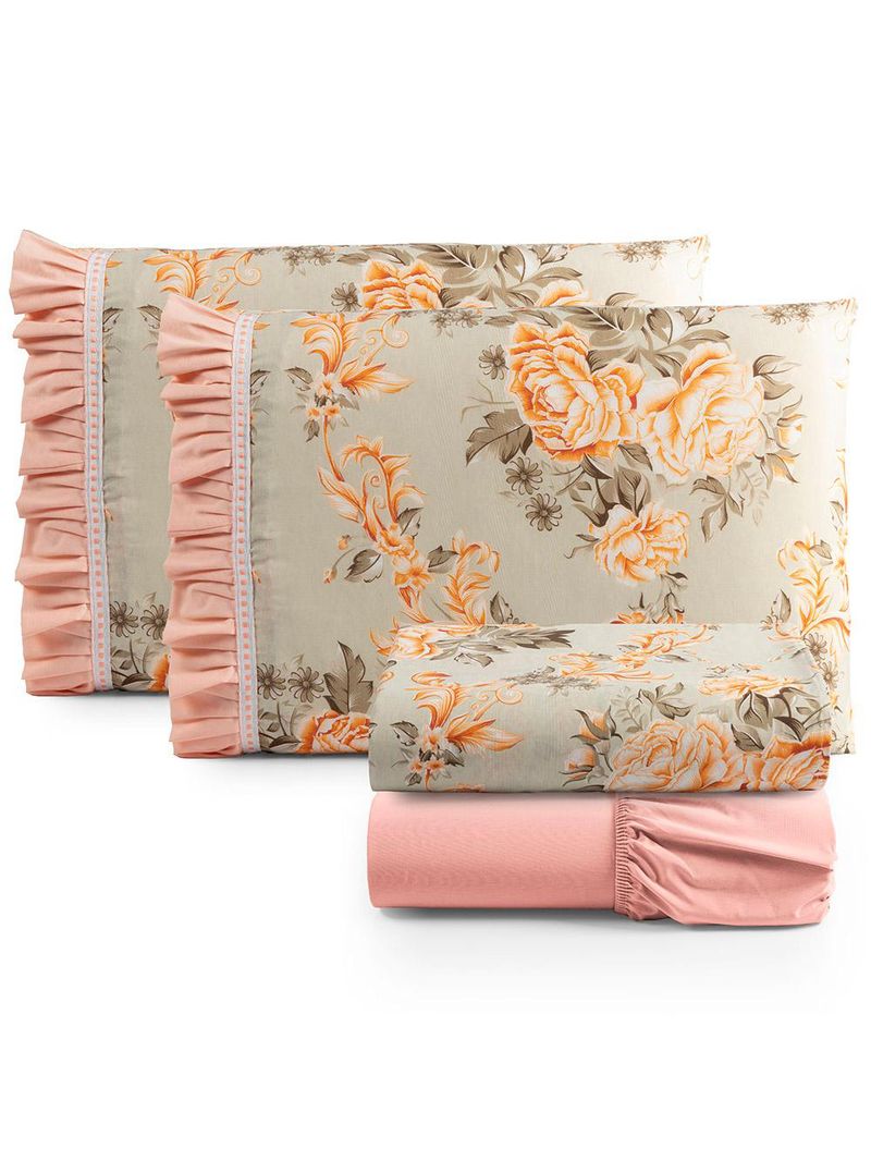 Jogo cama lençol fiore king estampado 180 fios 100% algodão com babadinho 4 peças salmão floral