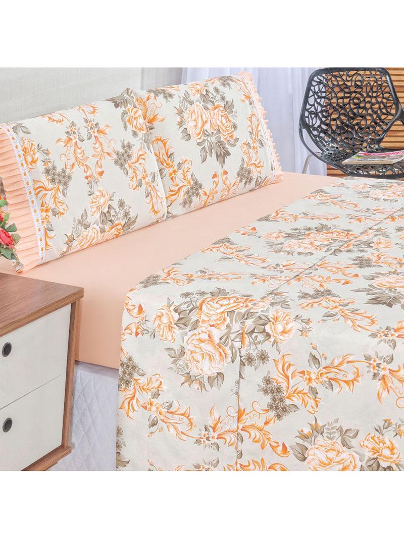 Jogo cama lençol fiore king estampado 180 fios 100% algodão com babadinho 4 peças salmão floral