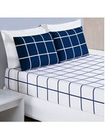 Jogo cama lençol brooklyn queen quadriculado micropercal 200 fios 3 peças - azul marinho