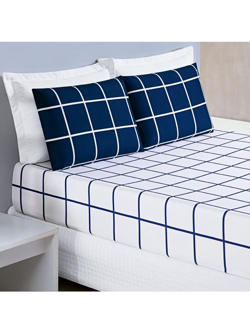 Jogo cama lençol brooklyn queen quadriculado micropercal 200 fios 3 peças - azul marinho