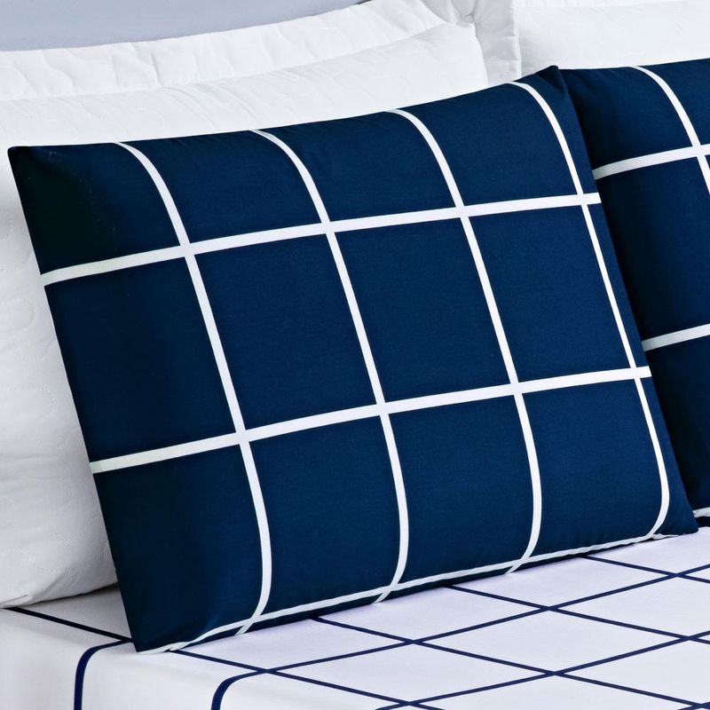 Jogo cama lençol brooklyn queen quadriculado micropercal 200 fios 3 peças - azul marinho
