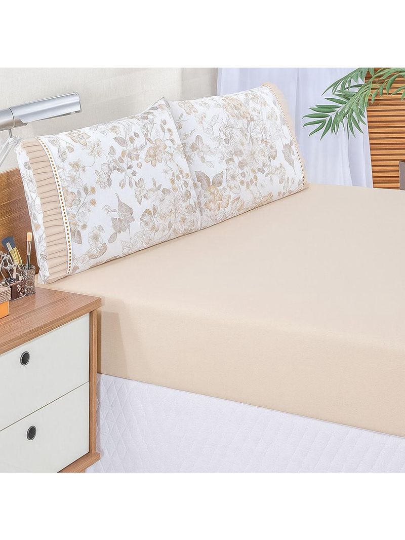 Jogo cama lençol fiore king estampado 180 fios 100% algodão com babadinho 3 peças bege floral