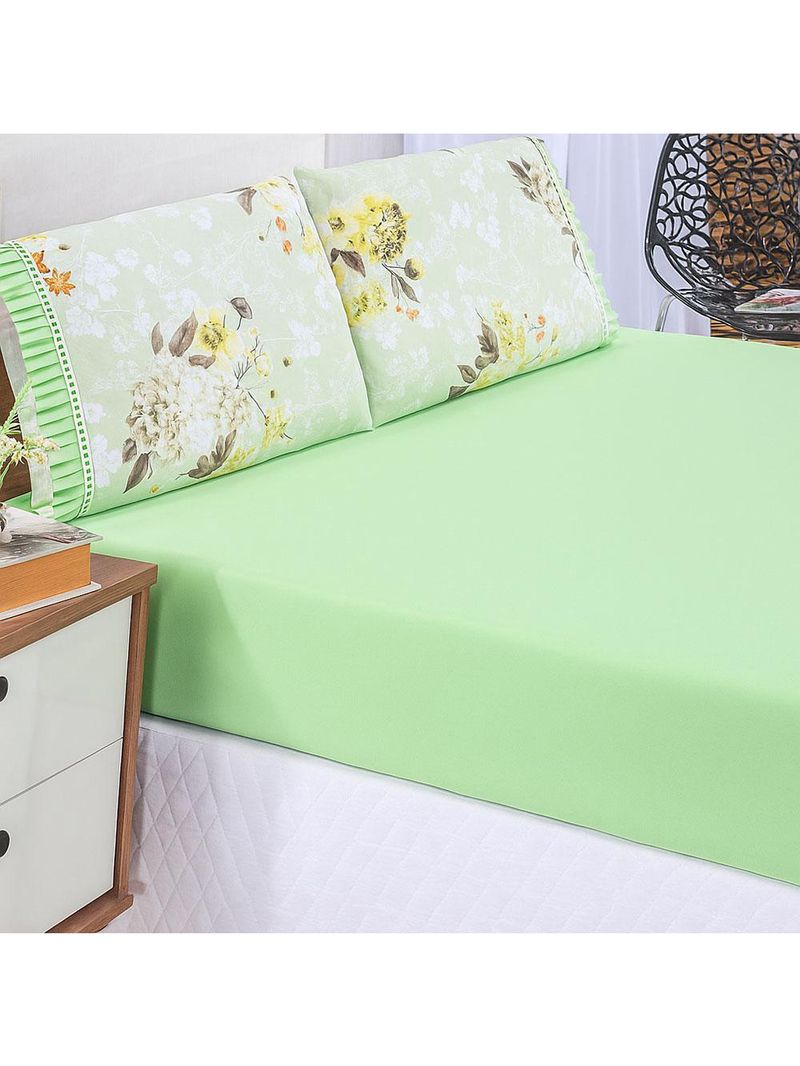 Jogo cama lençol fiore king estampado 180 fios 100% algodão com babadinho 3 peças verde floral