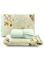 Jogo cama lençol fiore king estampado 180 fios 100% algodão com babadinho 3 peças verde floral