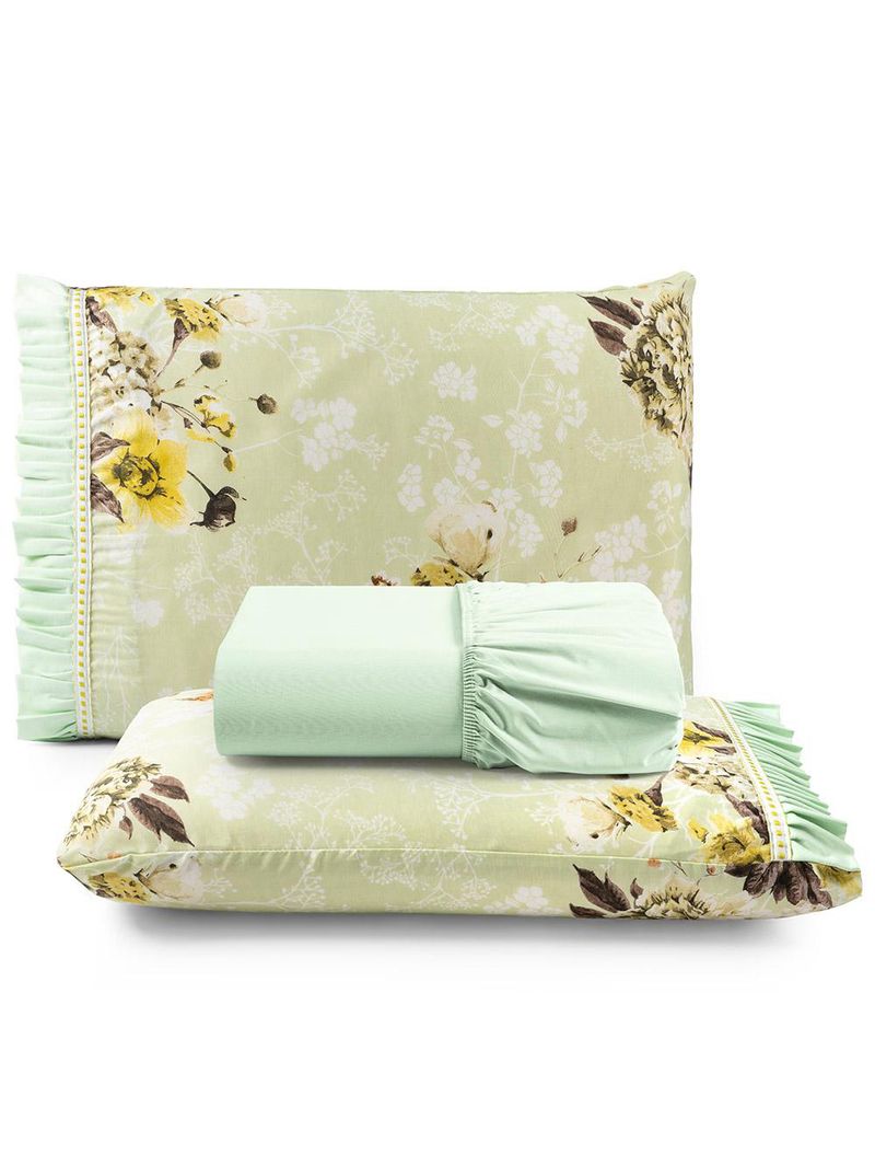 Jogo cama lençol fiore king estampado 180 fios 100% algodão com babadinho 3 peças verde floral