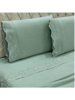 Jogo cama lençol detail casal padrão bordado guipir bordado inglês percal 300 fios 4 peças - verde menta