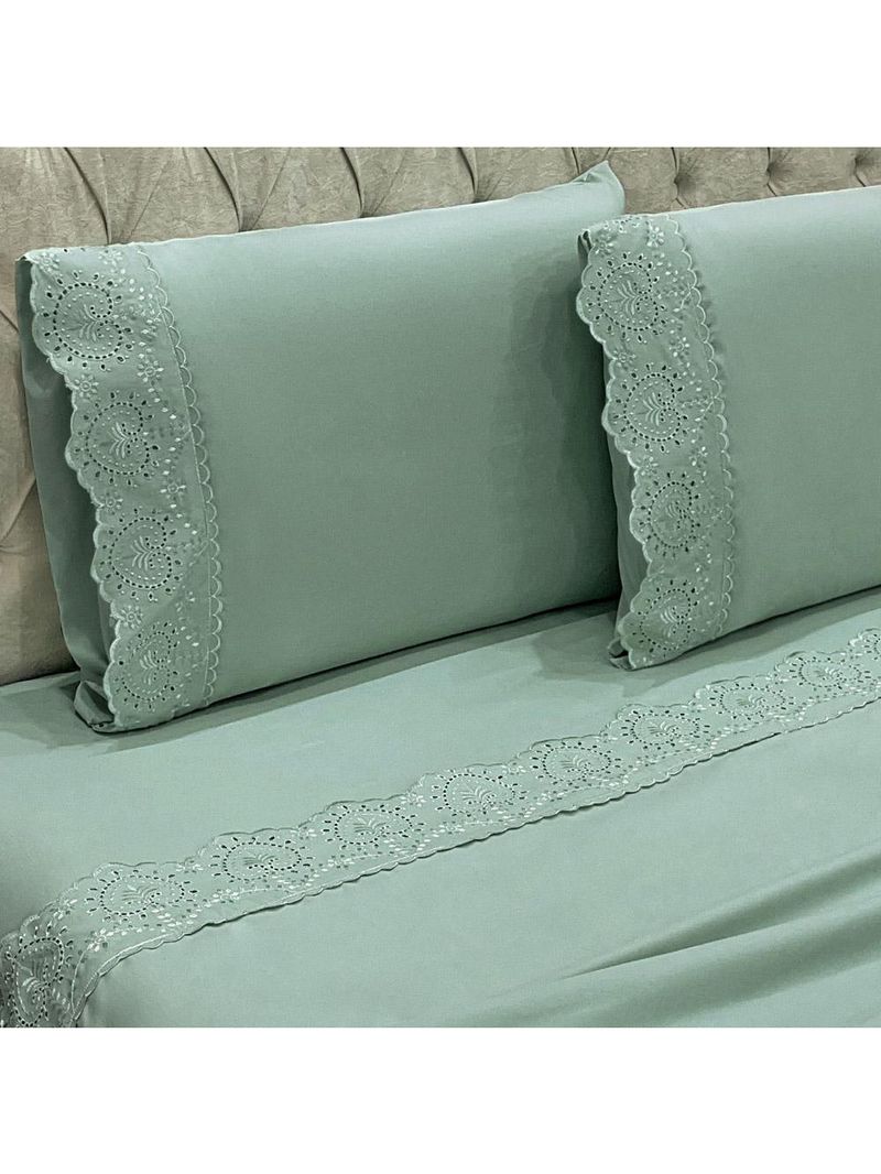 Jogo cama lençol detail casal padrão bordado guipir bordado inglês percal 300 fios 4 peças - verde menta