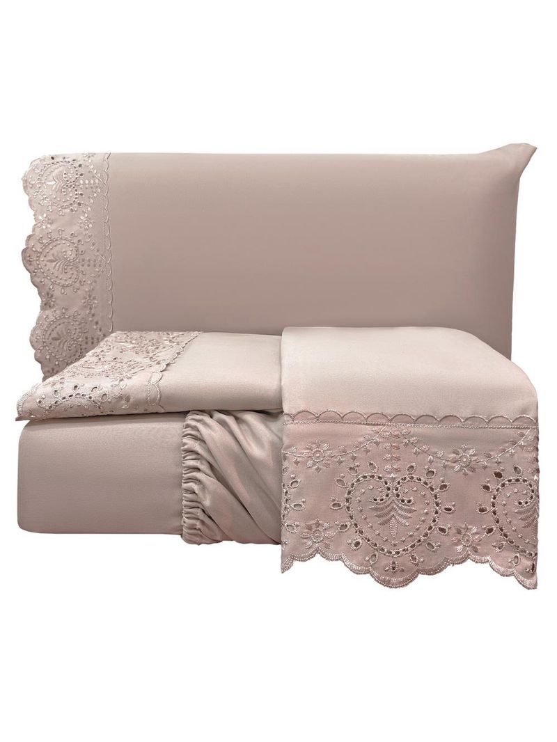 Jogo cama lençol detail casal padrão bordado guipir bordado inglês percal 300 fios 4 peças - roxo malva