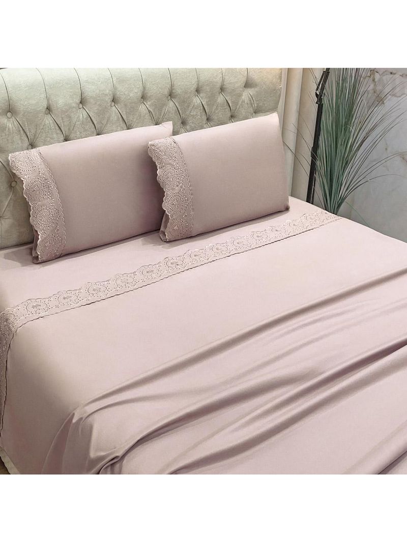 Jogo cama lençol detail casal padrão bordado guipir bordado inglês percal 300 fios 4 peças - roxo malva