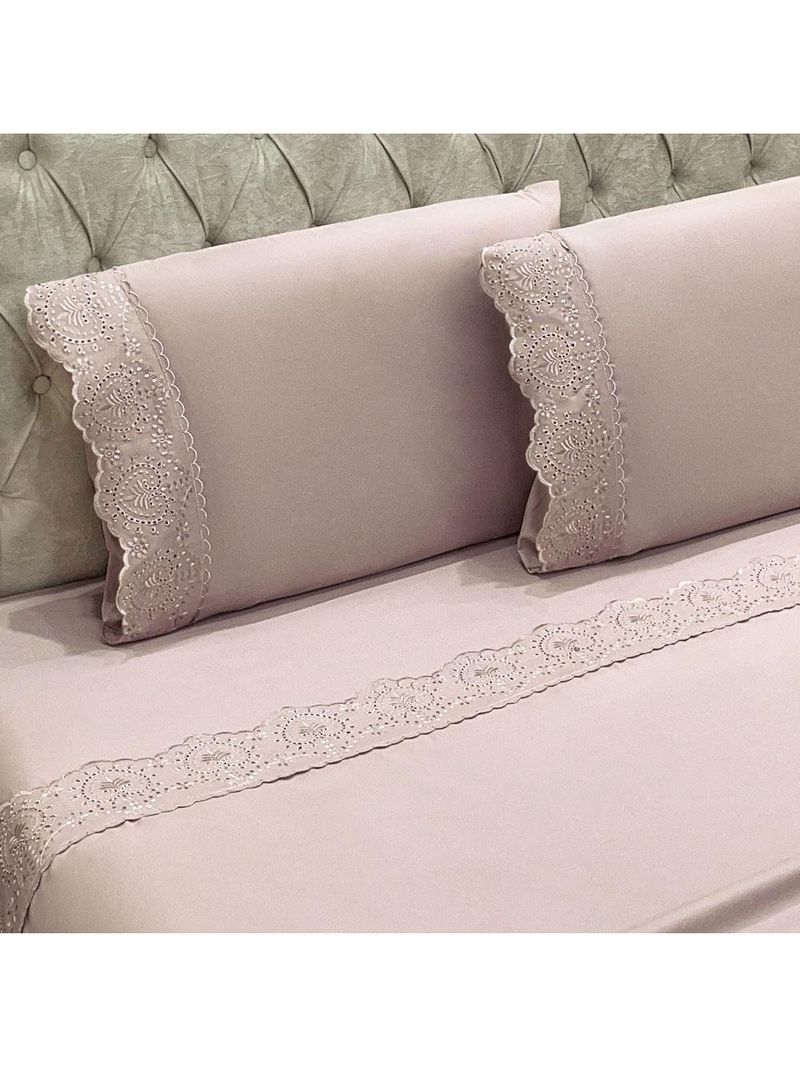 Jogo cama lençol detail casal padrão bordado guipir bordado inglês percal 300 fios 4 peças - roxo malva