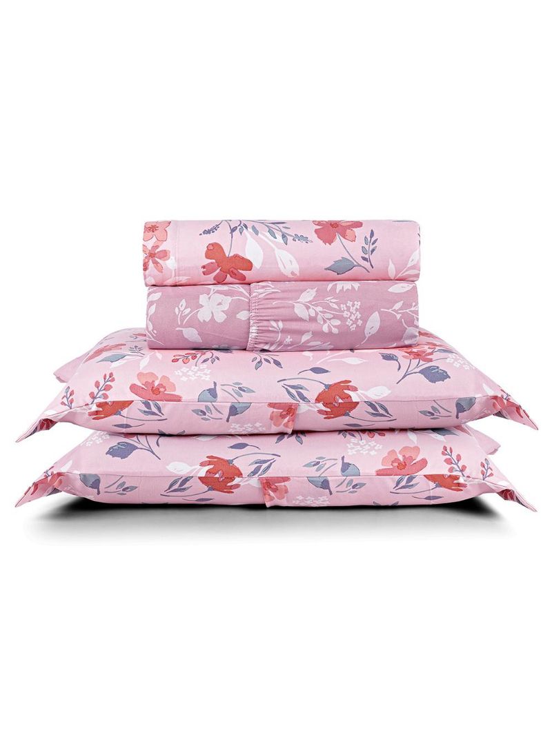 Jogo cama lençol belle queen 400 fios estampado 4 peças floral rosê