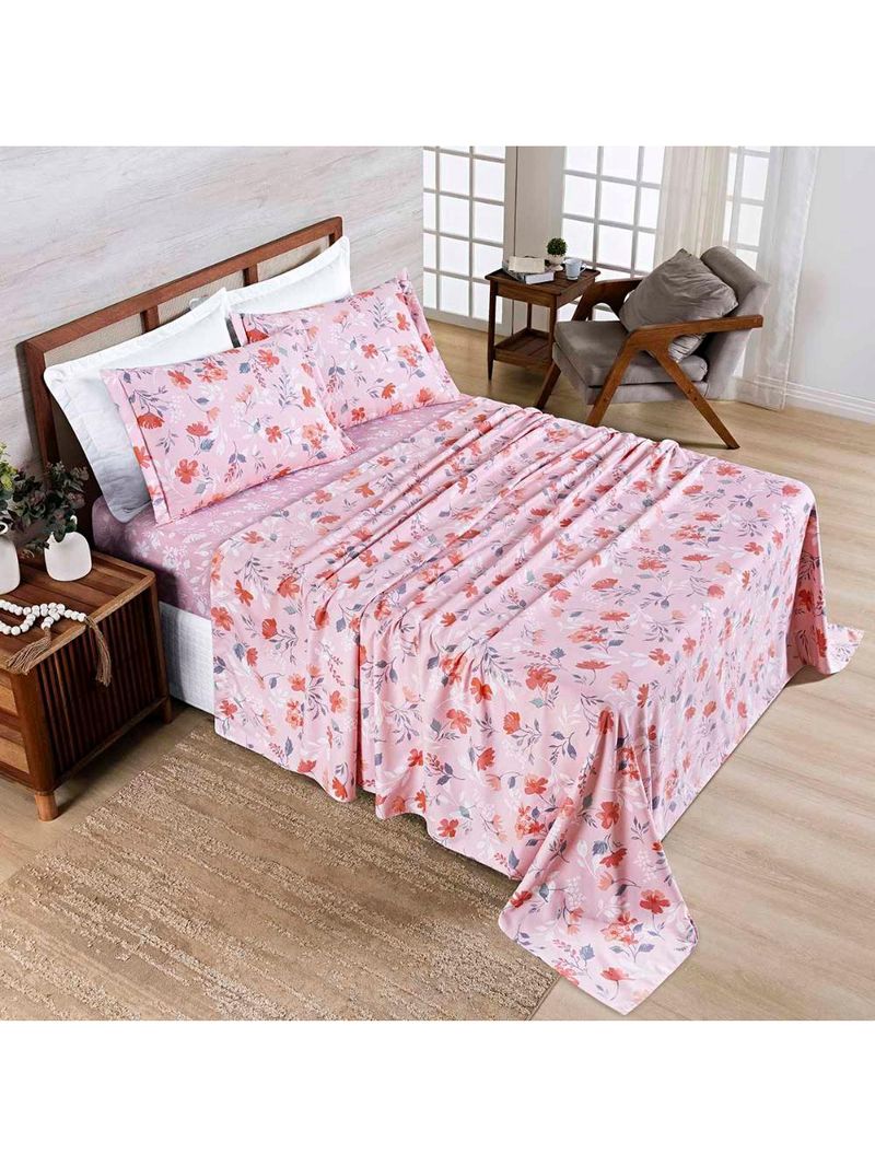 Jogo cama lençol belle queen 400 fios estampado 4 peças floral rosê