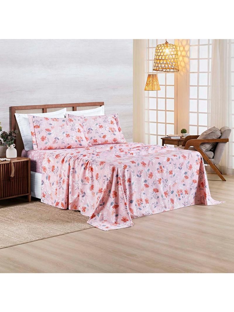 Jogo cama lençol belle queen 400 fios estampado 4 peças floral rosê