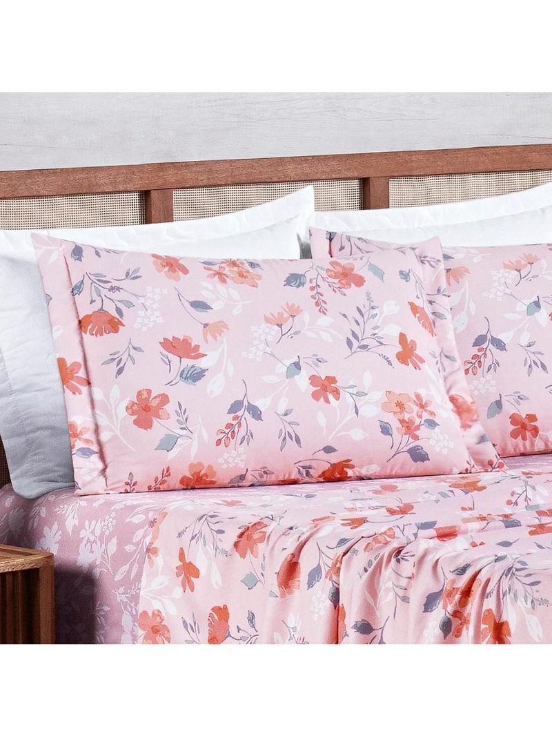 Jogo cama lençol belle queen 400 fios estampado 4 peças floral rosê