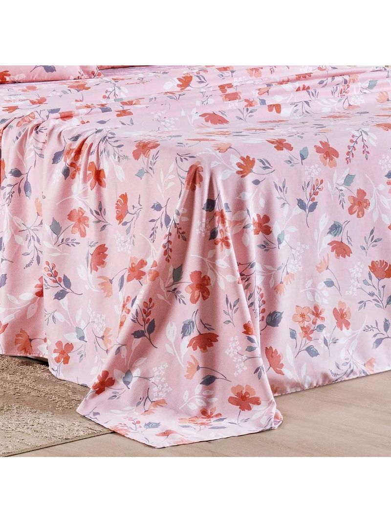 Jogo cama lençol belle queen 400 fios estampado 4 peças floral rosê