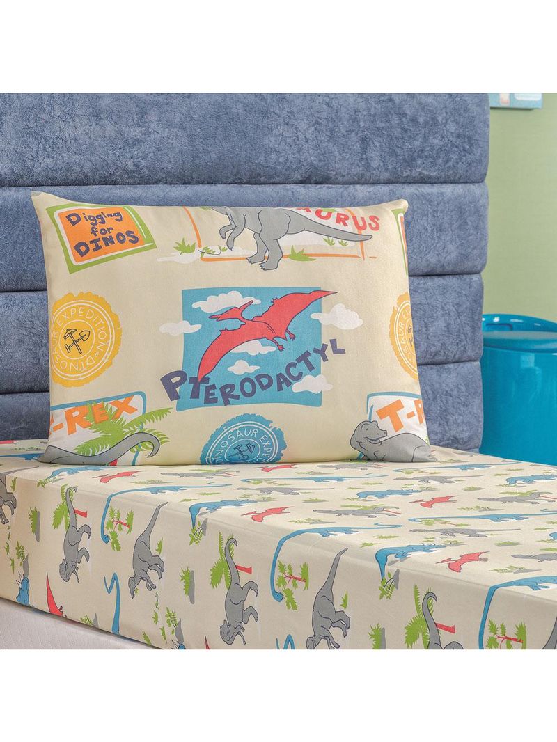 Jogo cama lençol fantasy solteiro infantil microfibra 2 peças - dinossauro - palha