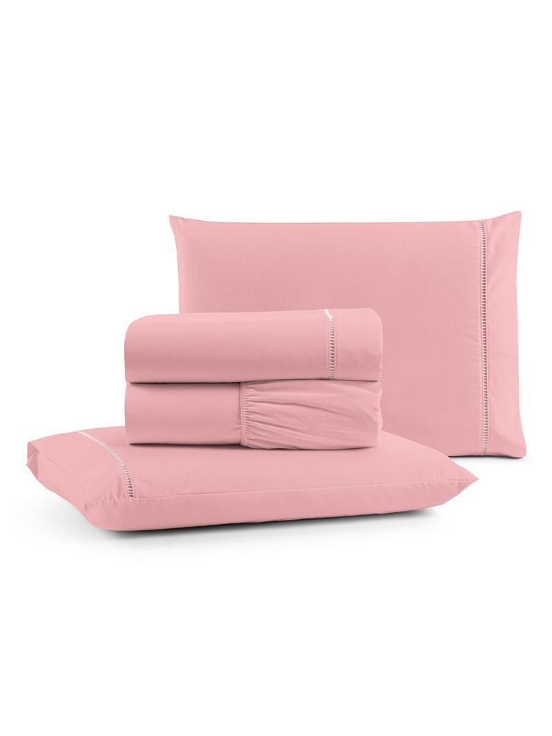Jogo cama lençol bali queen percal 180 fios 100% algodão ponto palito 4 peças - rosa