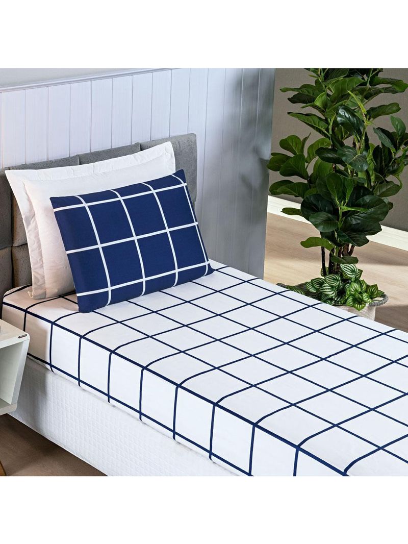 Jogo cama lençol brooklyn solteiro quadriculado micropercal 200 fios 2 peças - azul marinho