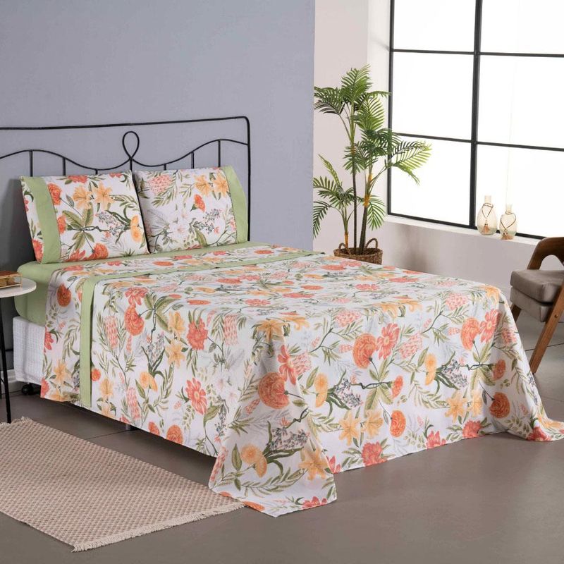 Jogo cama lençol encanto casal padrão estampado percal 180 fios c/ ponto palito 4 peças - floral - verde