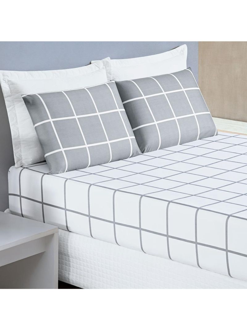 Jogo cama lençol brooklyn queen quadriculado micropercal 200 fios 3 peças - cinza