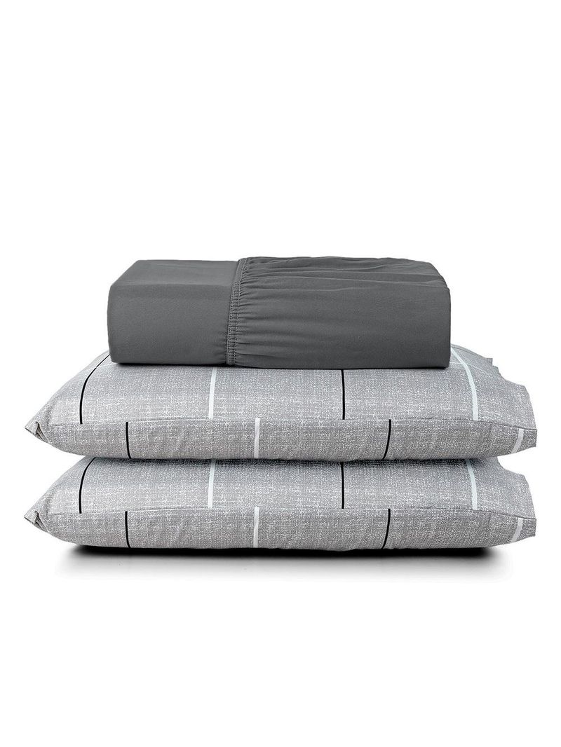 Jogo cama lençol celi king micropercal estampado 200 fios 3 peças xadrez grid cinza