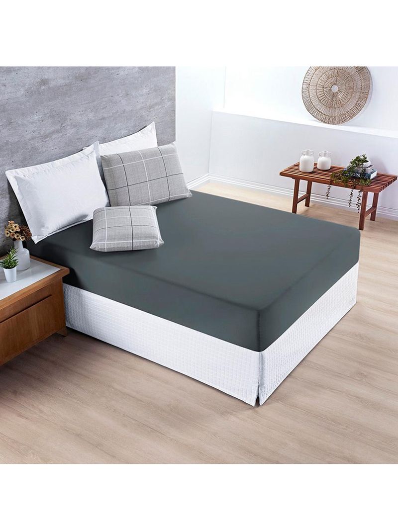Jogo cama lençol celi king micropercal estampado 200 fios 3 peças xadrez grid cinza