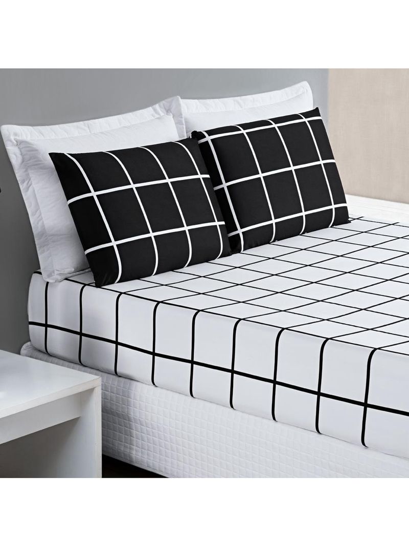 Jogo cama lençol brooklyn queen quadriculado micropercal 200 fios 3 peças - preto