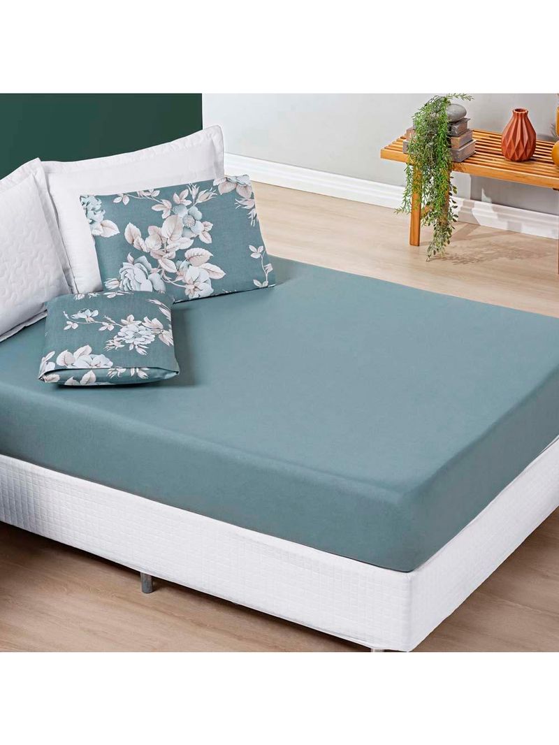 Jogo cama lençol celi queen micropercal 200 fios 3 peças - verde floral