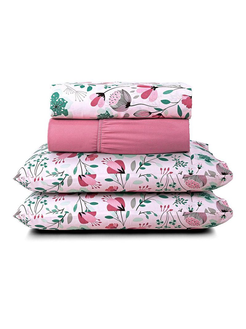 Jogo cama lençol celi queen micropercal estampado 200 fios 4 peças bothanica floral rosa