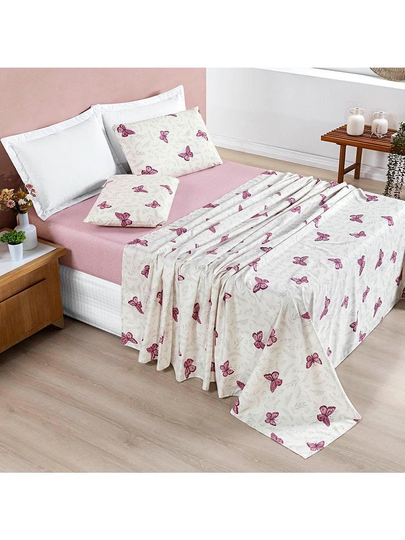 Jogo cama lençol celi king micropercal estampado 200 fios 4 peças borboletas rosê