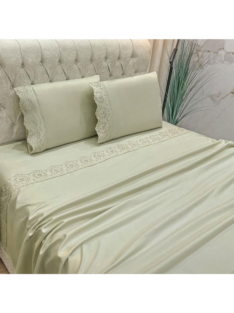 Jogo cama lençol detail queen bordado guipir bordado inglês percal 300 fios 4 peças - bege